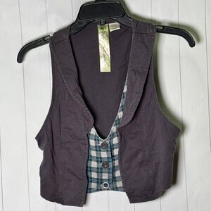 Y2K Juniors/Teens Plaid Gray Button Up Vest Crop Top Schoolgirl Punk Grunge L